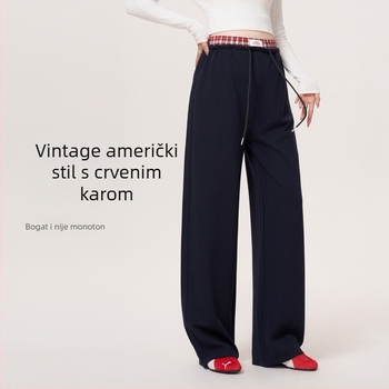 Trudničke široke hlače za jesen-zimu 2026, crveno karirano patchwork, široka silueta, debeli materijal, visok pojas, ravne nogavice