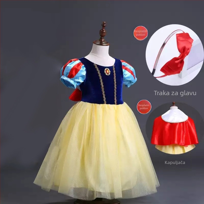 Dječja pozorišna haljina za princezu - puffasta gazasta tkanina, inspirirana Snježom i Pepeljugom, za uzrast 3–8 godina, bez ovratnika, sve sezone
