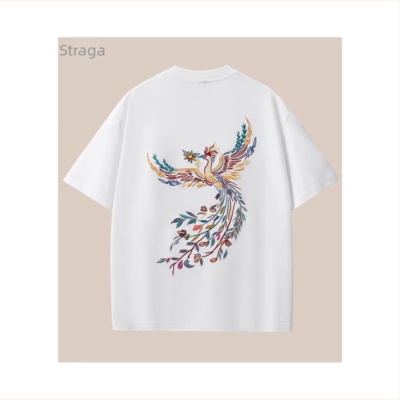 Nacionalni stil 100% pamuk kratkih rukava majica s feniks izvezkom, slobodan kroj