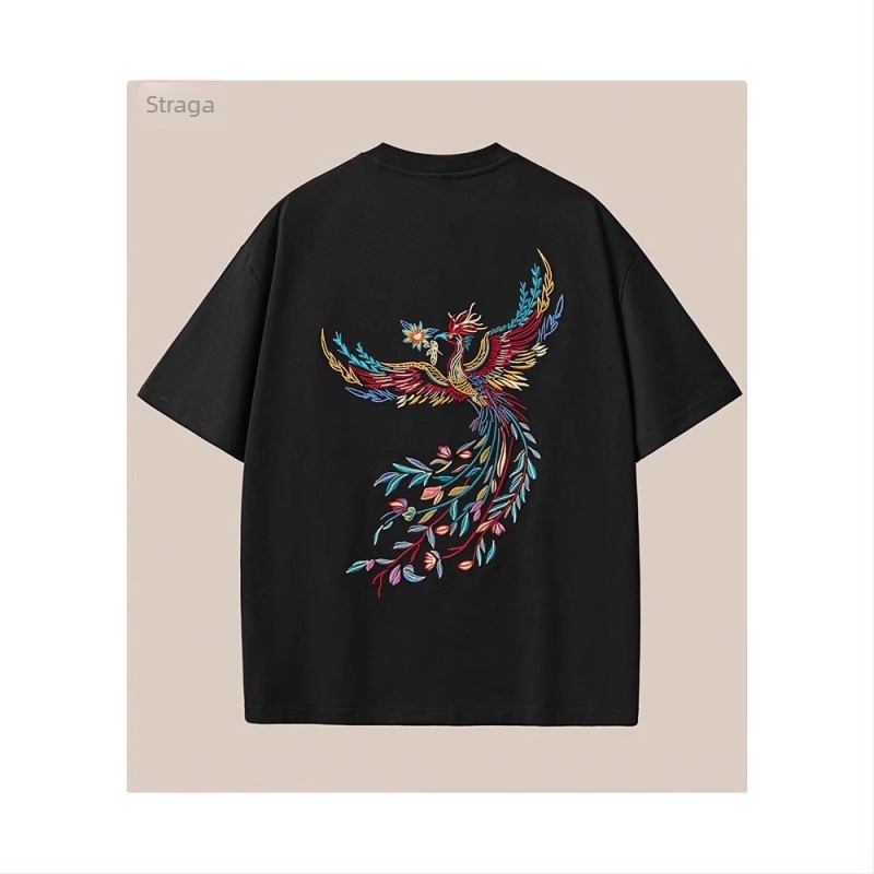 Nacionalni stil 100% pamuk kratkih rukava majica s feniks izvezkom, slobodan kroj