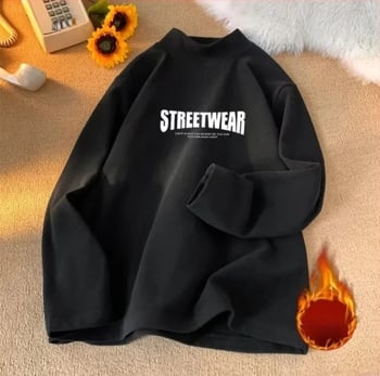 Muški dvostrano plišano dugi rukav T-shirt, opuštena silueta, visoki ovratnik, poliester, zima 2025