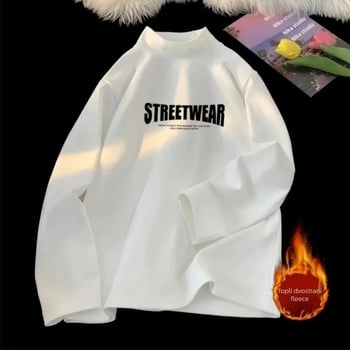 Muški dvostrano plišano dugi rukav T-shirt, opuštena silueta, visoki ovratnik, poliester, zima 2025