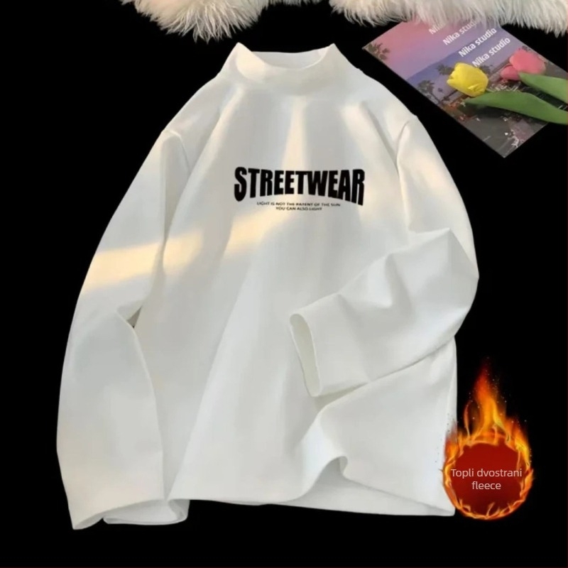 Muški dvostrano plišano dugi rukav T-shirt, opuštena silueta, visoki ovratnik, poliester, zima 2025