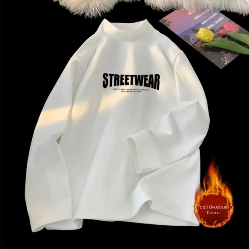 Muški dvostrano plišano dugi rukav T-shirt, opuštena silueta, visoki ovratnik, poliester, zima 2025