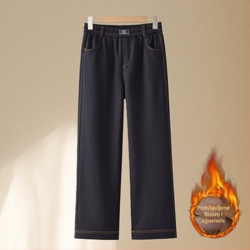 Ženske traperice s fleece podstavom za jesen-zimu, visokim strukom, ravni kroj, denim materijal