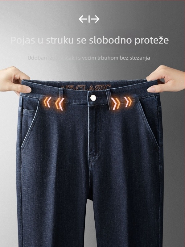 Muške farmerice ravnog kroja, visok pojas, debeli pamuk-poliester spoj, zip zatvarač, detalj džepa