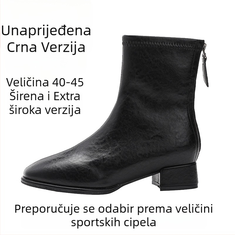 Ženske čizme do sredine potkoljenice, kvadratni vrh, debeli pet, zatvarač na stražnjoj strani, gumeni potplat za zimu