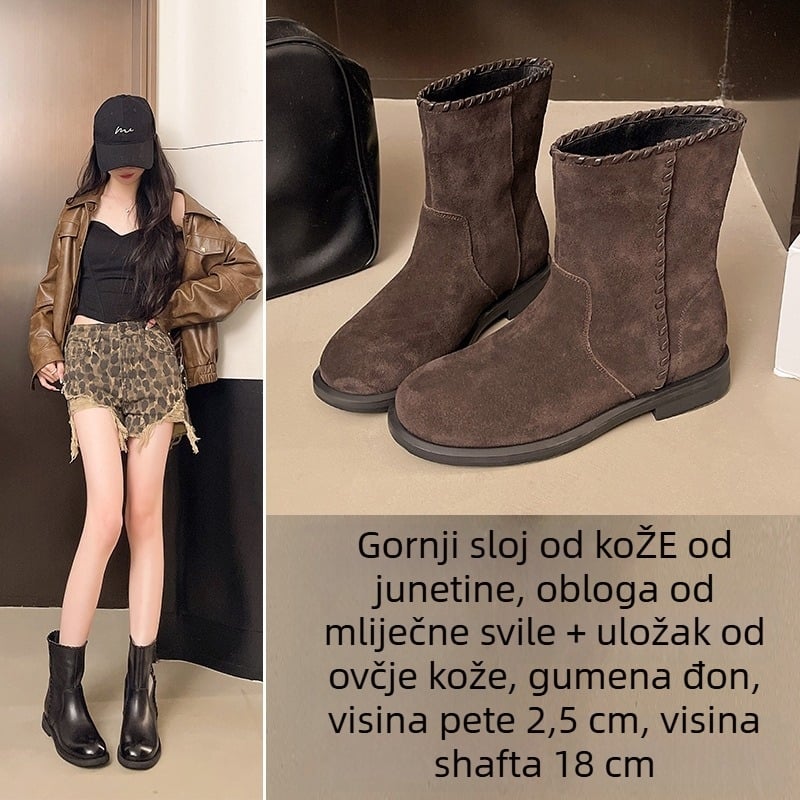 Ženske čizme Martin, okrugli vrh, niski plosnati potpetica (1–3 cm), gornji dio od kože prvog sloja teleće kože, gumeni potplat, podstava od ovčje kože