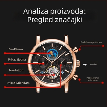 Automatski mehanički sat s tourbillonom, kalendarom i fazom mjeseca; prikaz 24 sata i tjedna; kućište od nehrđajućeg čelika, kožni remen, vodootpornost do 50 m.
