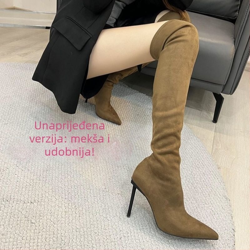 Ženske čizme iznad koljena od velura, oštar vrh, visoki pet 6–8 cm, stražnji zatvarač