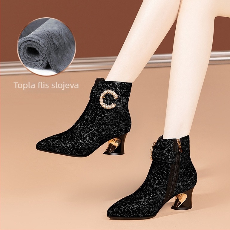 Ženske modne čizme – šiljat nos, chunky pet 3–5 cm, PU gornji dio, PU unutrašnjost, gumeni potplat, bočni zip, zimski stil