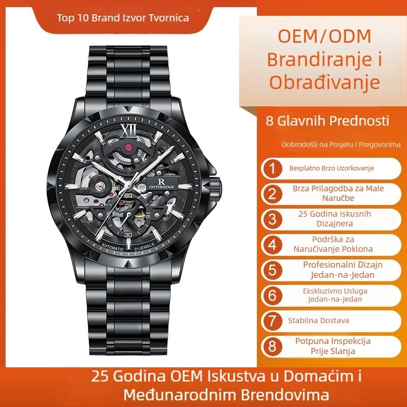 Muški mehanički skeleton sat, vodootporan do 30M, mehanizam RZY107, kućište od legure, prozirni stražnji poklopac