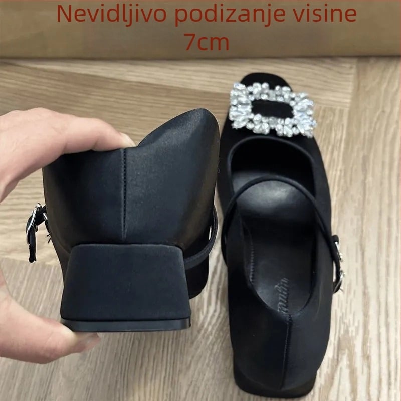 Mary Jane cipele za povećanje visine s satenskim gornjim dijelom, četvrtasti vrh, debeli 6-8 cm peta, rhinestones, kopča s jednim remenom