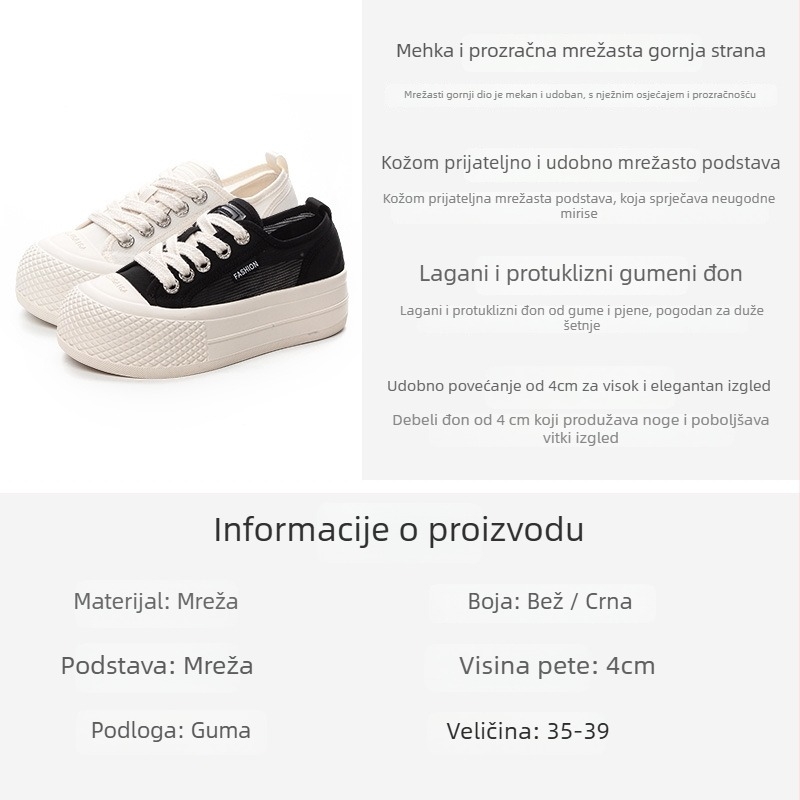 Ženske prozračne mrežaste tenisice za svakodnevnu upotrebu, s debelom gumom na potplatu, okrugli nos, niski gornji dio, vezanje sprijeda