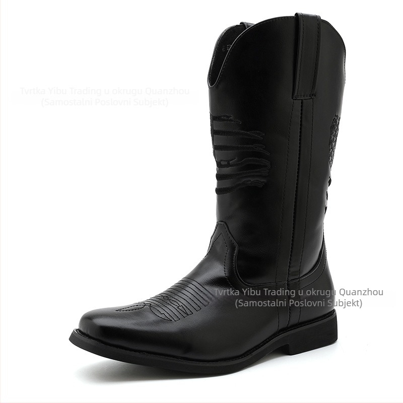 Muške PU kožne čizme Knight boots, šiljat vrh, niski klinasti potplat 1–3 cm, gumeni potplat