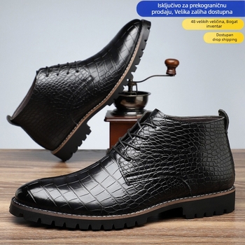 Muške kožne čizme – PU gornji dio, gumeni potplat, šiljati vrh, niska peta 1–3 cm, mrežasti uzorak