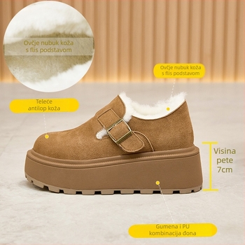 Ženske cipele s debelim potplatom od nubuk kože, podstava od fleece-a, potplat PU+guma, kopčanje na Velcro traku, visina potpetice 6–8 cm