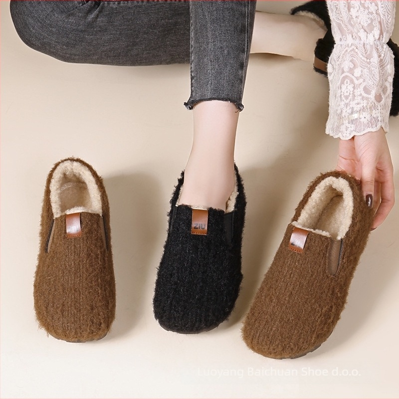 Ženski velur slip-on loaferi – podstavljeni flisom, okrugla prednja stranica, korejskog stila, niski pet 1–3 cm, PVC đon