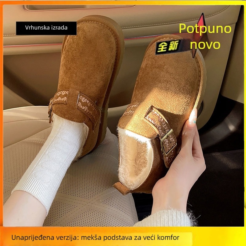 Ženske cipele od prave kože, zimske slip-on cipele, podstavljene umjetnim plišem, gumena potplat, nizak gornji dio, srednji peta 3-5 cm (jesen-zima)