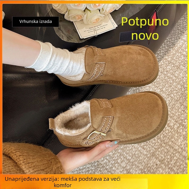 Ženske cipele od prave kože, zimske slip-on cipele, podstavljene umjetnim plišem, gumena potplat, nizak gornji dio, srednji peta 3-5 cm (jesen-zima)