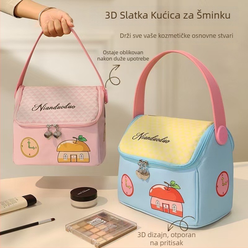 Torbica za šminku u obliku kuće, PU materijal, karikatura uzorak, najlonska podstava, zatvarač