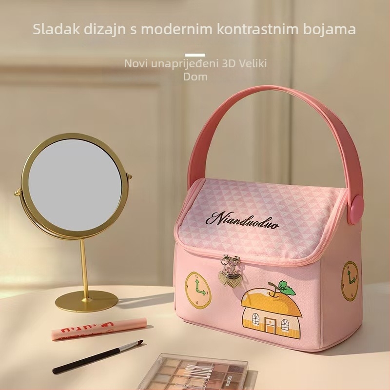 Torbica za šminku u obliku kuće, PU materijal, karikatura uzorak, najlonska podstava, zatvarač