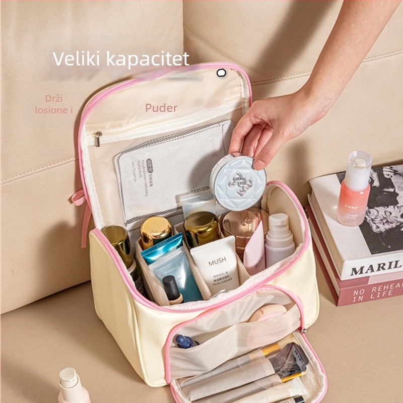 Putna kozmetička torba, velika kapaciteta, vodootporna, PU materijal, podstava od platna, zatvarač