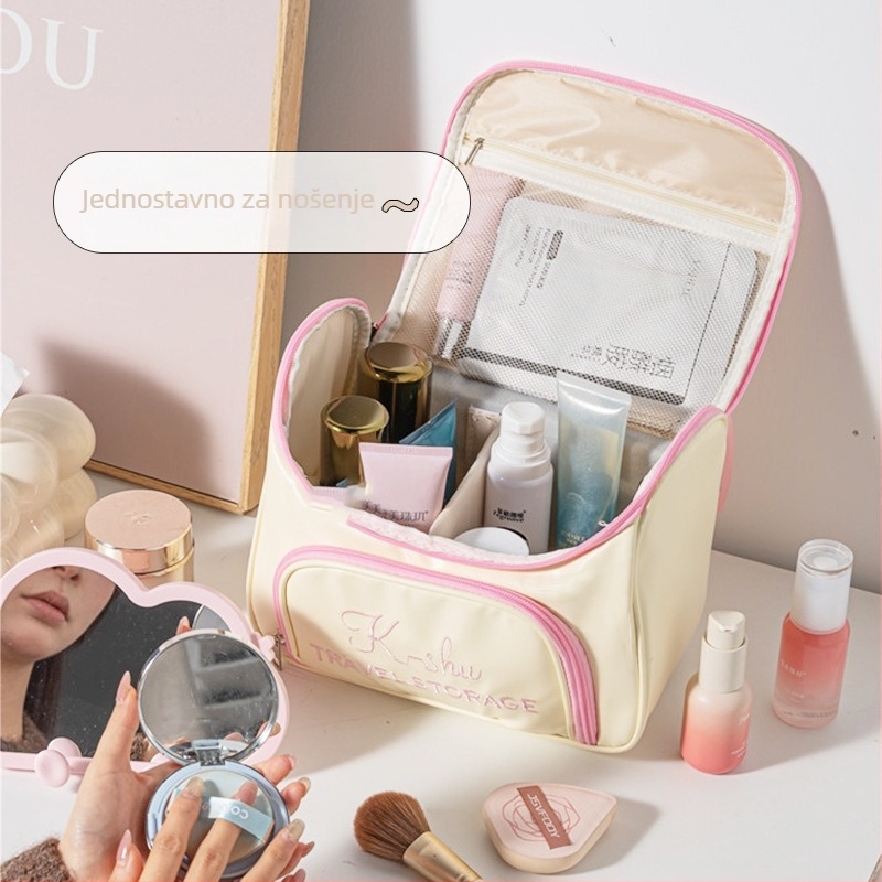 Putna kozmetička torba, velika kapaciteta, vodootporna, PU materijal, podstava od platna, zatvarač