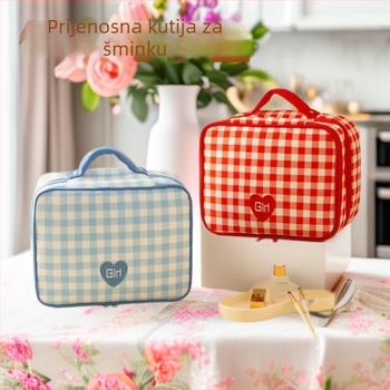 Kozmetička torba velike kapacitete, vodootporna, prijenosna za putovanja, dvostruki sloj, Oxford tkanina, karirani uzorak, zatvarač