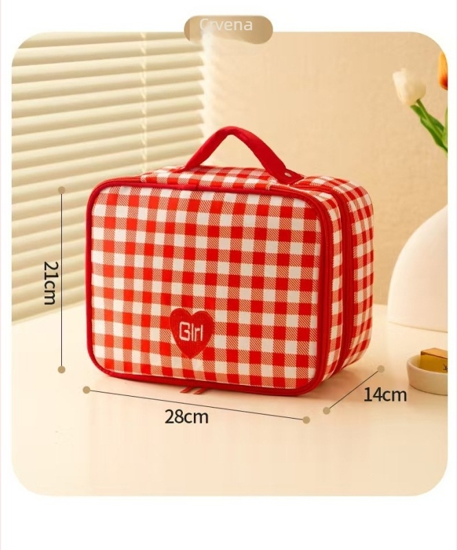 Kozmetička torba velike kapacitete, vodootporna, prijenosna za putovanja, dvostruki sloj, Oxford tkanina, karirani uzorak, zatvarač