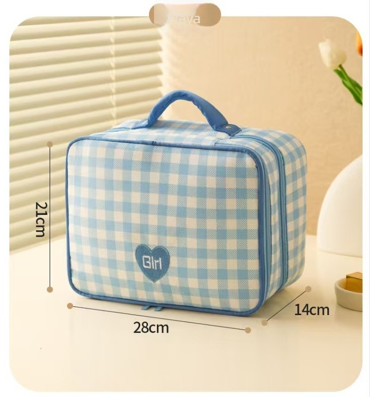 Kozmetička torba velike kapacitete, vodootporna, prijenosna za putovanja, dvostruki sloj, Oxford tkanina, karirani uzorak, zatvarač