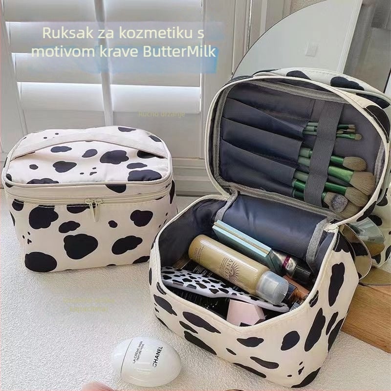 Kozmetička torbica s kravljim uzorkom, od platna, za kućno skladištenje, stil zrele žene