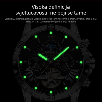 Poedagar muški mehanički sat s prikazom faze mjeseca, prikazom dana u tjednu i mjeseca, vodootporan do 30 m, kožni remen