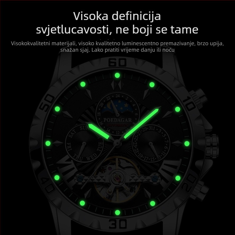 Poedagar muški mehanički sat s prikazom faze mjeseca, prikazom dana u tjednu i mjeseca, vodootporan do 30 m, kožni remen