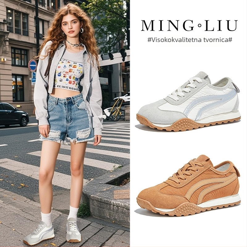 Ženske tenisice u stilu Dad shoes, gornji dio od nubuk kože, kvadratni vrh, niska peta 1-3 cm, prednje vezanje, gumeni potplat