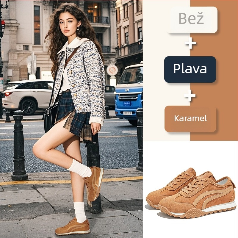 Ženske tenisice u stilu Dad shoes, gornji dio od nubuk kože, kvadratni vrh, niska peta 1-3 cm, prednje vezanje, gumeni potplat