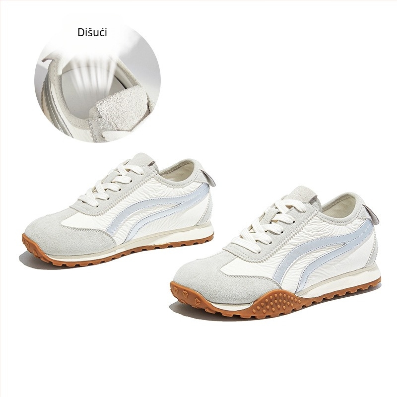 Ženske tenisice u stilu Dad shoes, gornji dio od nubuk kože, kvadratni vrh, niska peta 1-3 cm, prednje vezanje, gumeni potplat