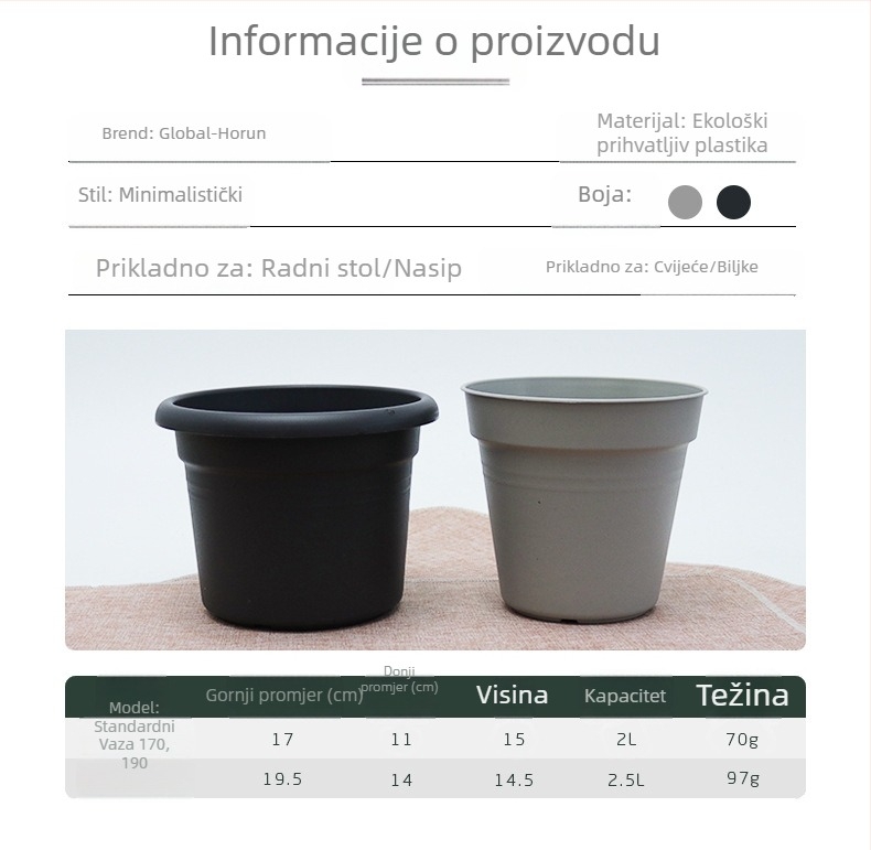 Saksija za cvijeće, plastični materijal, za stolnu i podnu upotrebu, pogodna za kućnu hortikulturu i ured