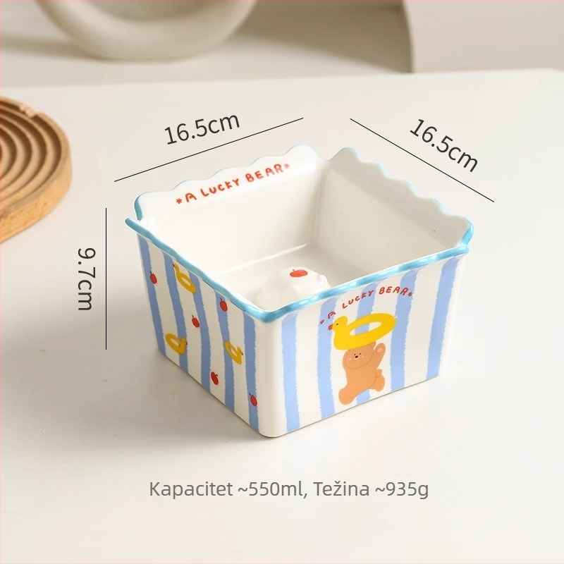 Keramička zdjela za mačke, četvrtasti kut s crtićem medvjedića, zdjela za hranjenje s protiv prevrtanja