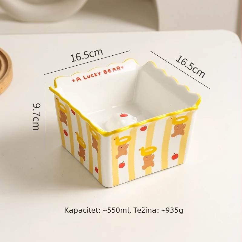 Keramička zdjela za mačke, četvrtasti kut s crtićem medvjedića, zdjela za hranjenje s protiv prevrtanja