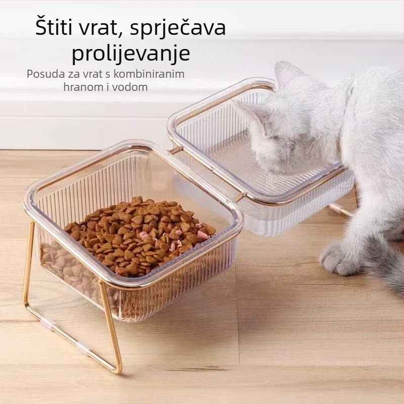 Posuda za mačke, otporna na prevrnuće, integrirana dvostruka posuda, nagnuti rub, visoke noge, metal+ABS