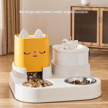 Nehrđajući čelični automatski vodeni font za mačke s podjelom suho/vlažno, dvostruke zdjele, dizajn protiv prevrnutja, uključuje pribor za hranjenje