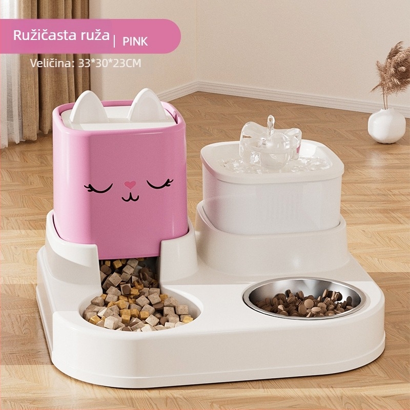 Nehrđajući čelični automatski vodeni font za mačke s podjelom suho/vlažno, dvostruke zdjele, dizajn protiv prevrnutja, uključuje pribor za hranjenje