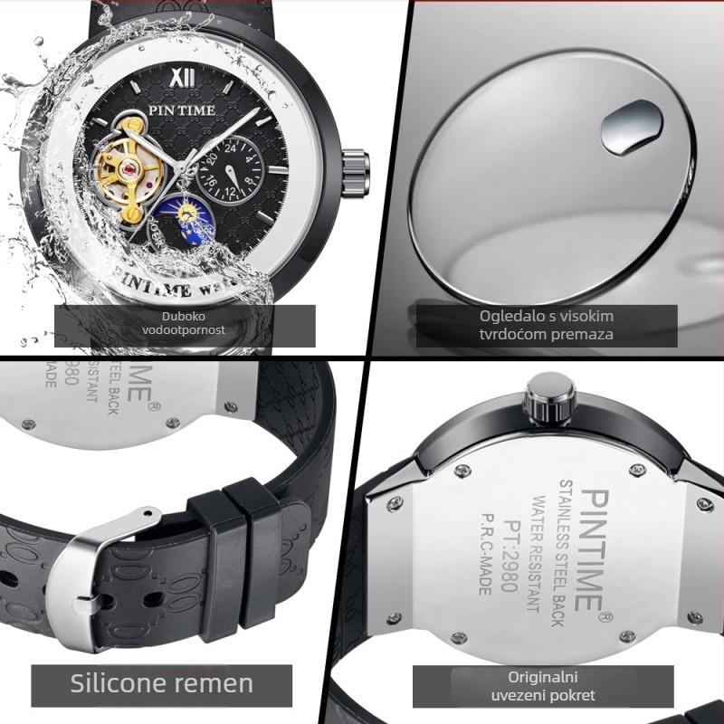 Unisex sat s tourbillonom, automatski mehanizam, silikonska narukvica, vodootpornost 30 m