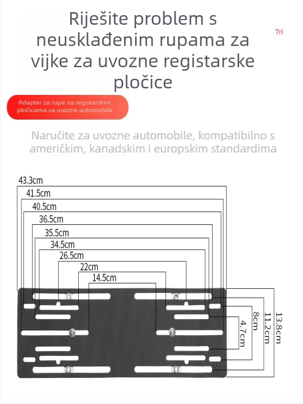 Nehrđajući čelični nosač pločice registracije — univerzalni, model Zfq, adapter za promjenu položaja rupa