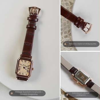 Ženski sat s retro kvadratnim brojčanikom, kvarcni pogon (model 68), vodootpornost 30 m, kožni remen od prave kože, kućište od legure