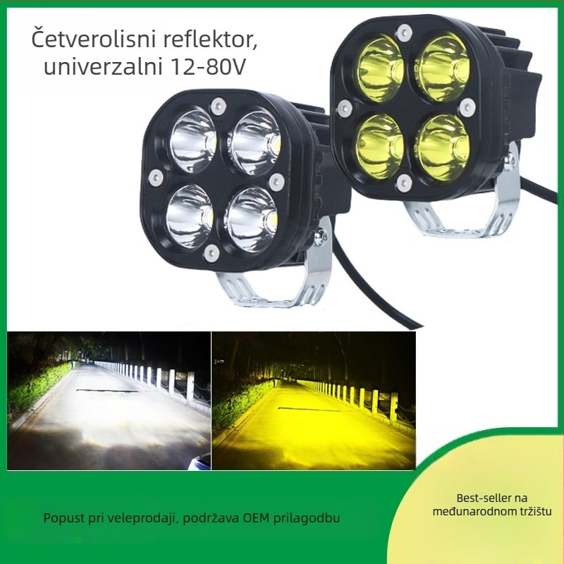 LED reflektor za električni motocikl – vanjsko prednje svjetlo za off-road, dizajn četverolistne djeteline, radno i pomoćno osvjetljenje (40W, 9–30V, 1A, aluminij+PC, prilagodljivo)
