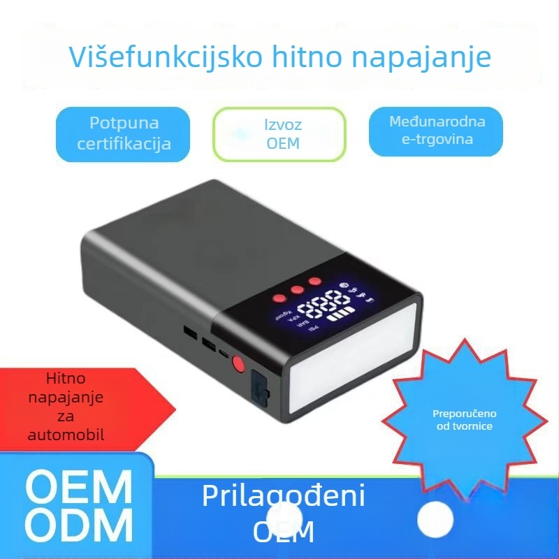 Q9 AutoHitno napajanje za pokretanje s pumpom za zrak – 2-U-1 uključivanje i napuhavanje, velika kapaciteta; Funkcije: uključivanje, napuhavanje, rasvjeta, USB punjenje; za obiteljske automobile; prilagodba dostupna