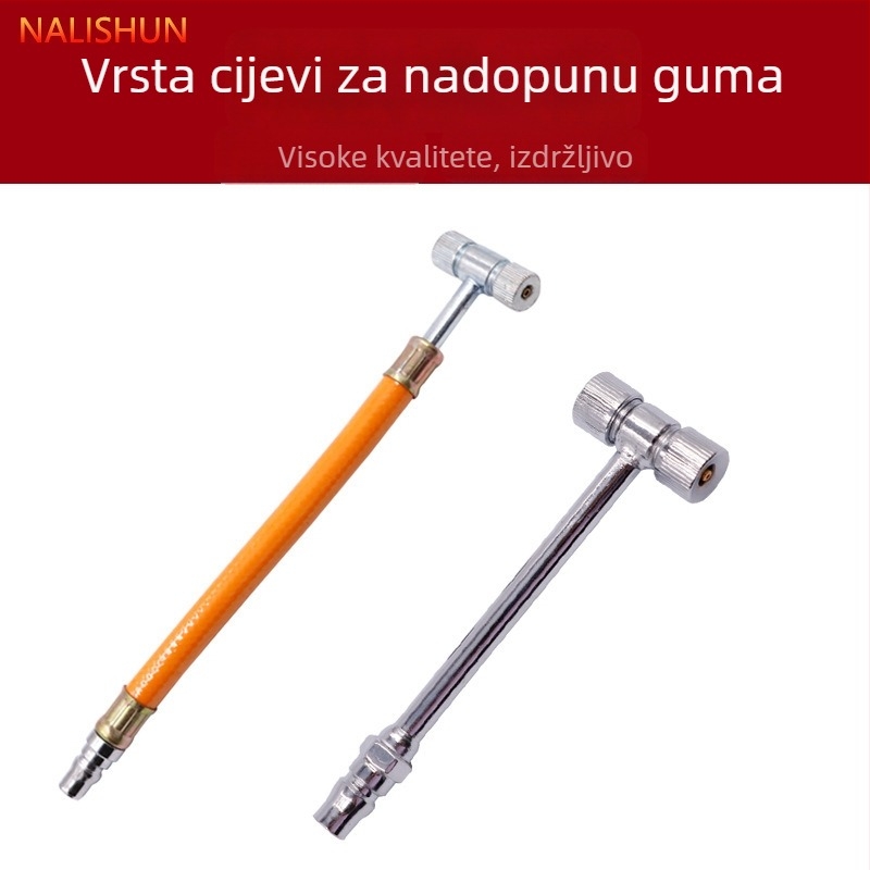 Cijev za napuhavanje guma s dvostrukim nastavkom – višenamjenska za auto, motocikl i bicikl; materijal: metal i guma