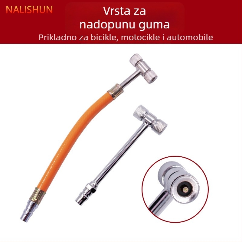 Cijev za napuhavanje guma s dvostrukim nastavkom – višenamjenska za auto, motocikl i bicikl; materijal: metal i guma